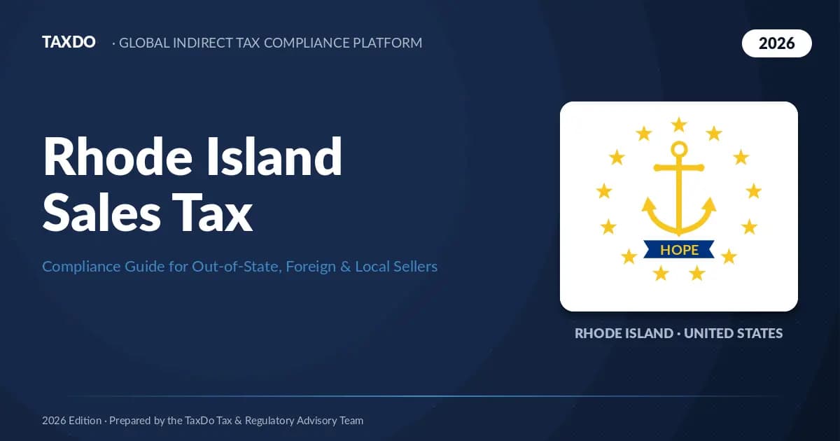 Rhode Island state flag with the title Rhode Island Sales Tax, TaxDo 2026 guide for out-of-state, foreign and local sellers