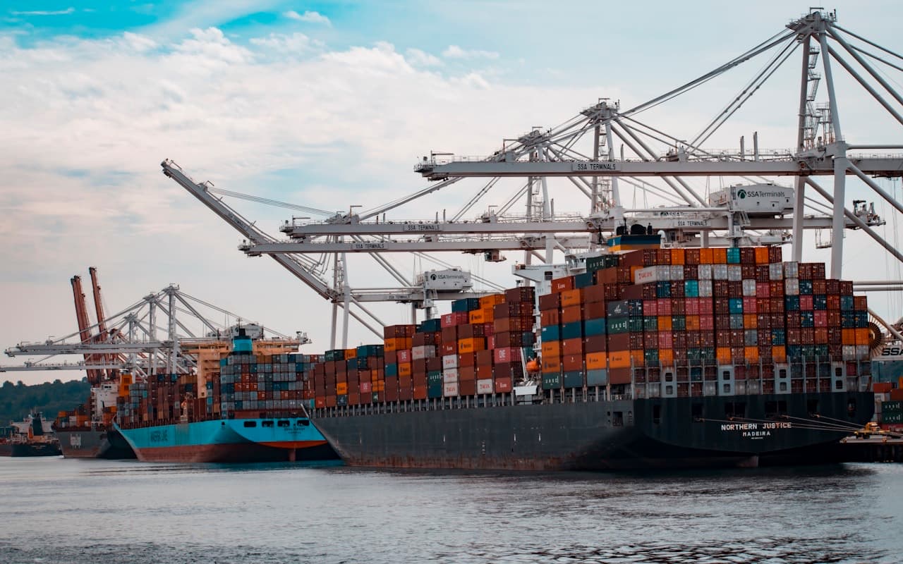 Cargo ships docked at a container terminal