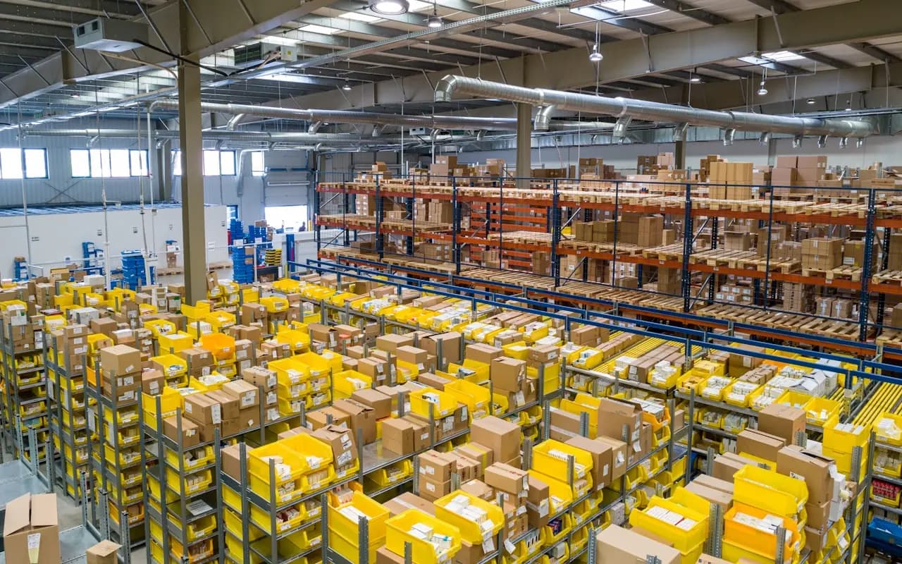 Fulfilment warehouse floor with sorted parcels